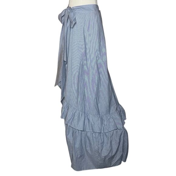 NWT New York & Company Blue Wrap Around Maxi Skirt Size M Striped Ruffle - Picture 7 of 13